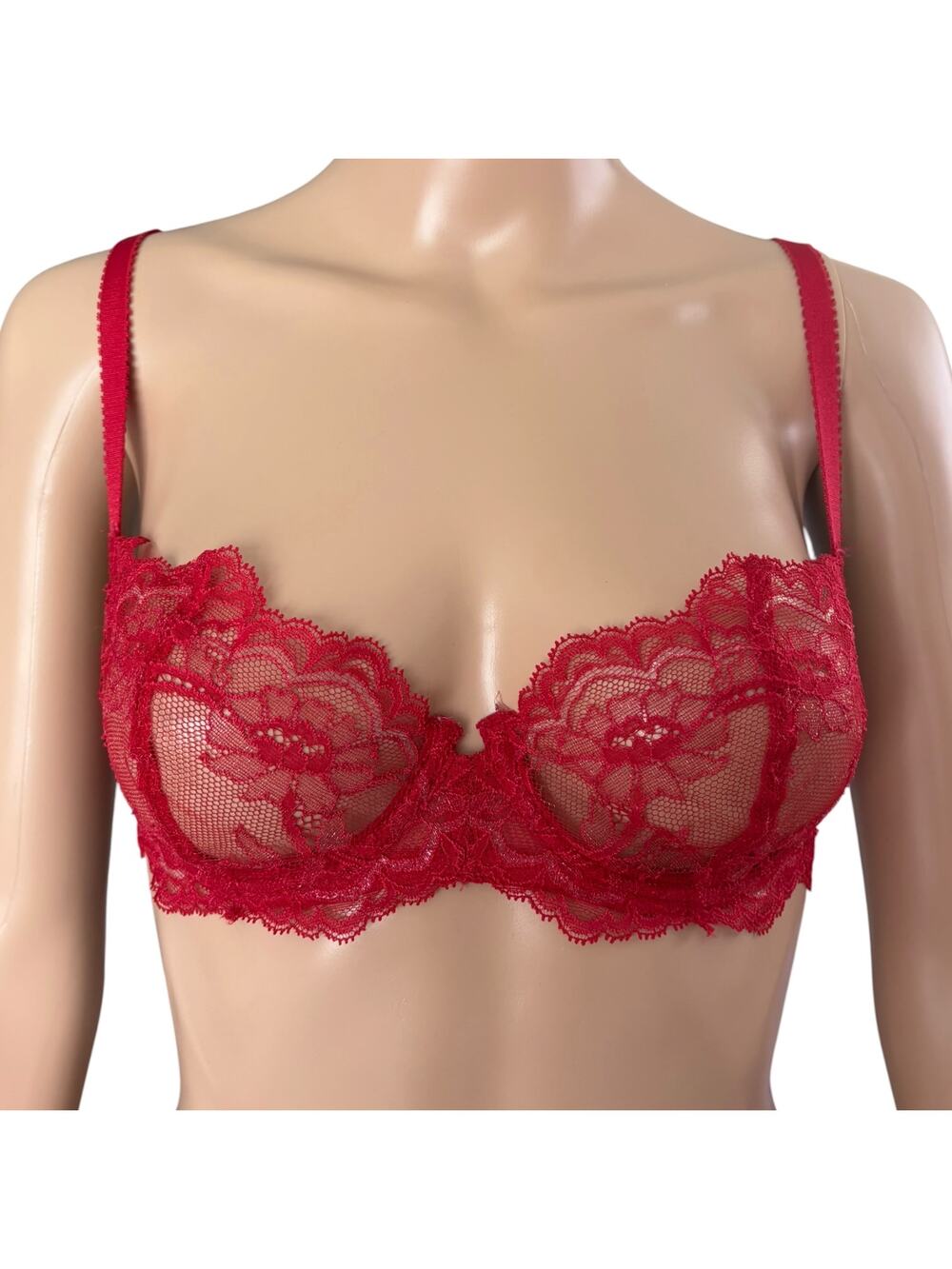 Journelle 34B Red Lace Underwire Bra Sheer Romantic Feminine Boudoir Lingerie